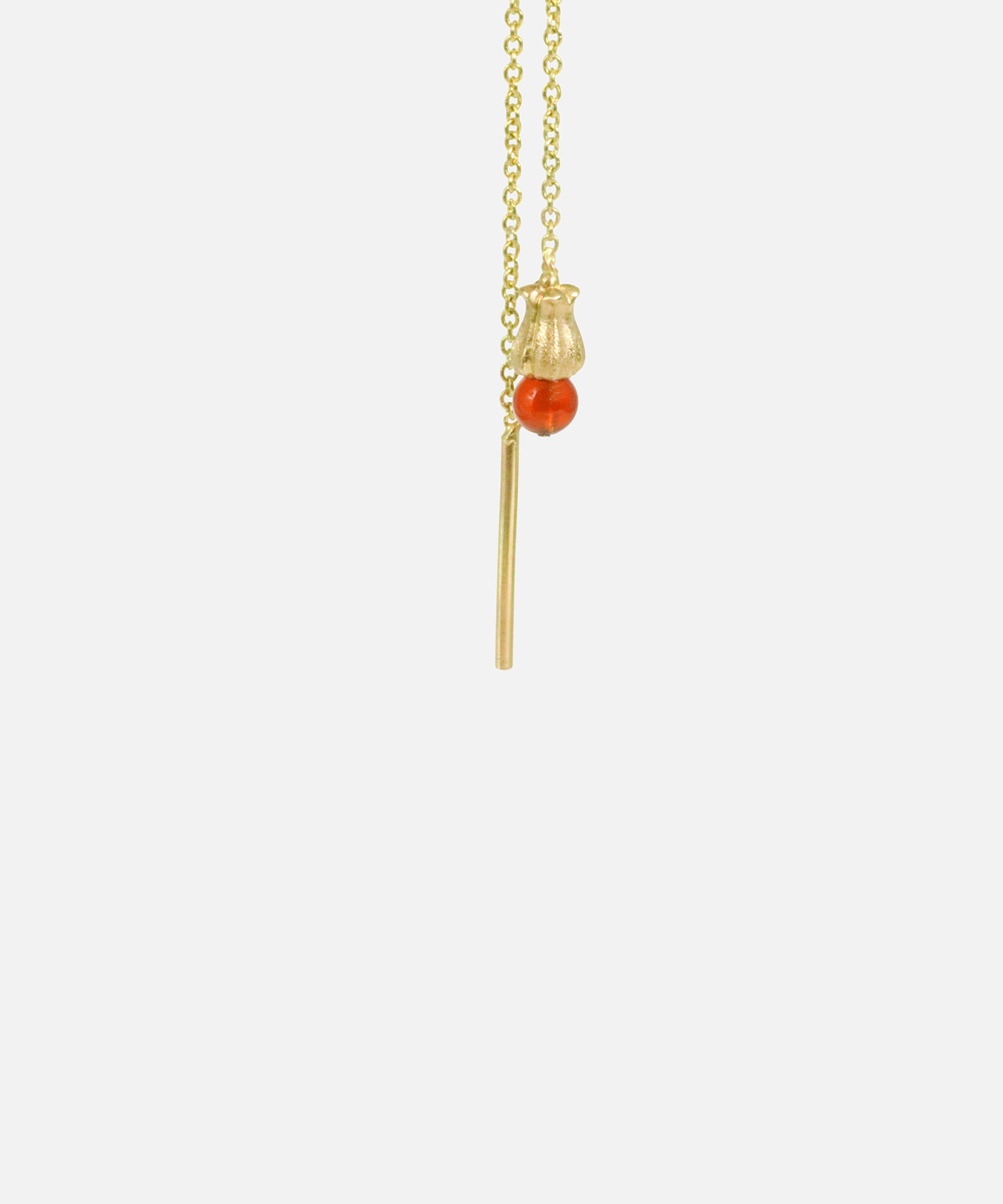 Close up side angled view of Little Mirror Bead Threader Earrings / Red Carnelian by O Channell Designs