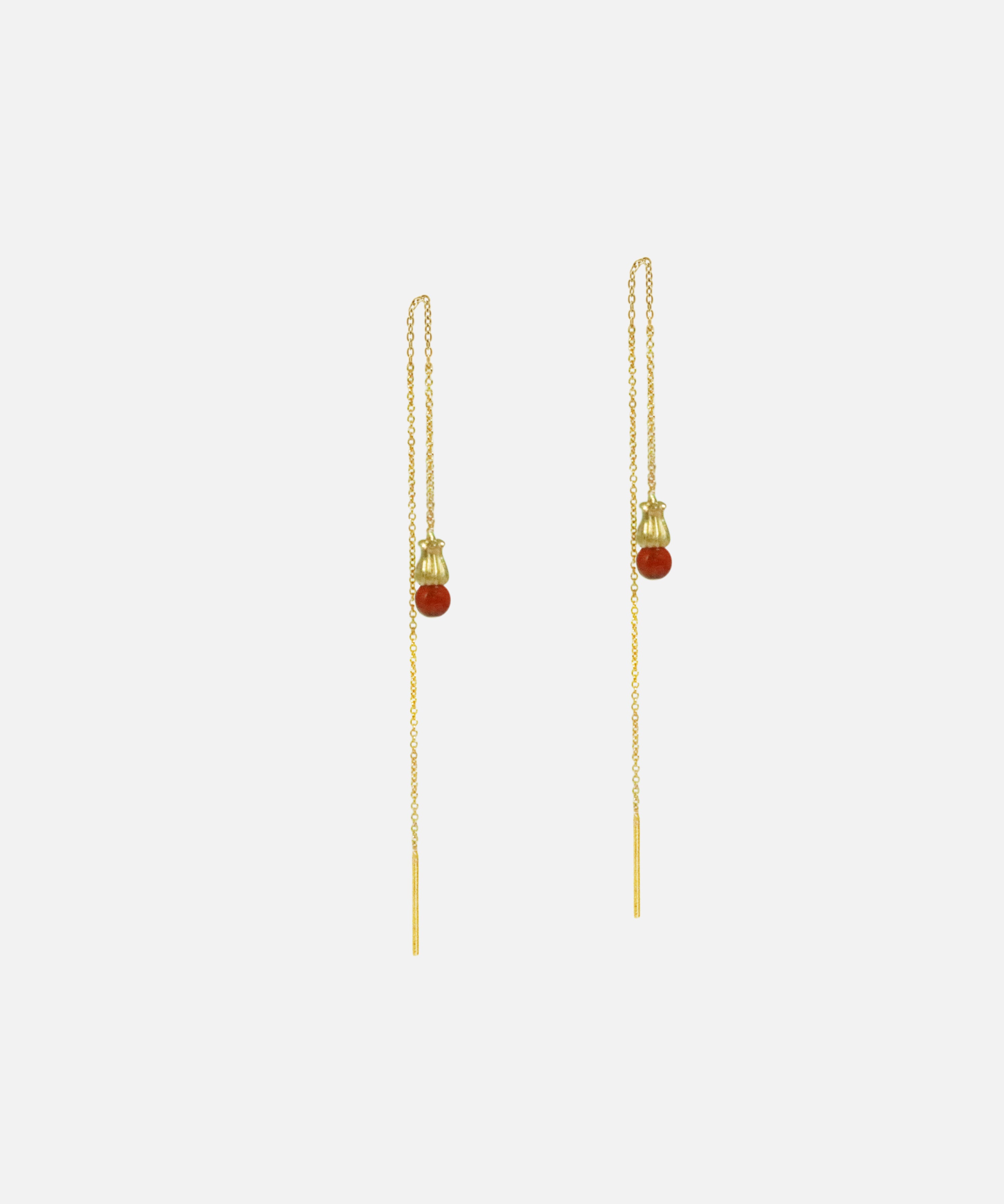 Side angled view of Little Mirror Bead Threader Earrings / Red Carnelian by O Channell Designs