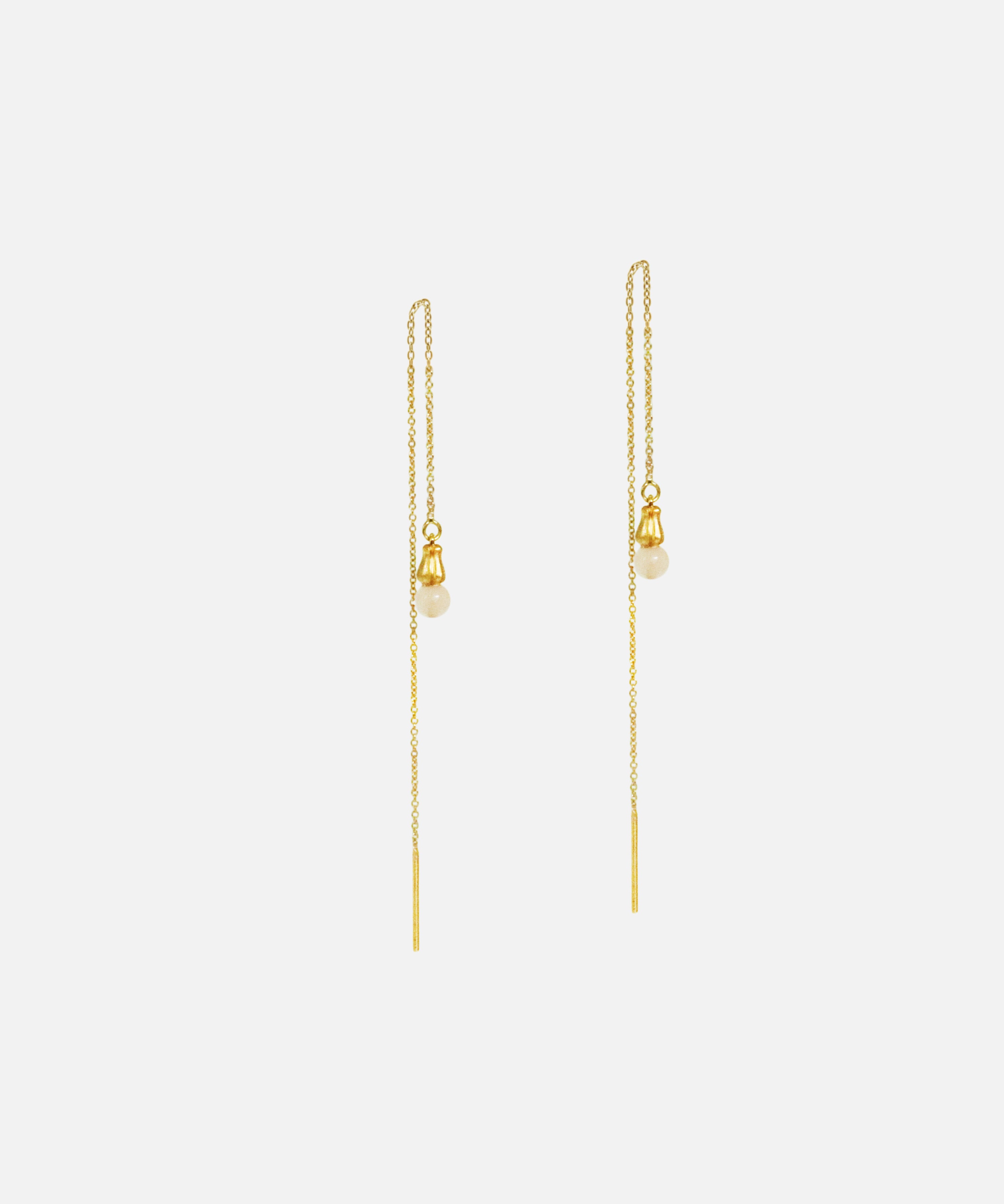 Angled side view of Little Mirror Bead Threader Earrings / Rose Quartz by O Channell Designs