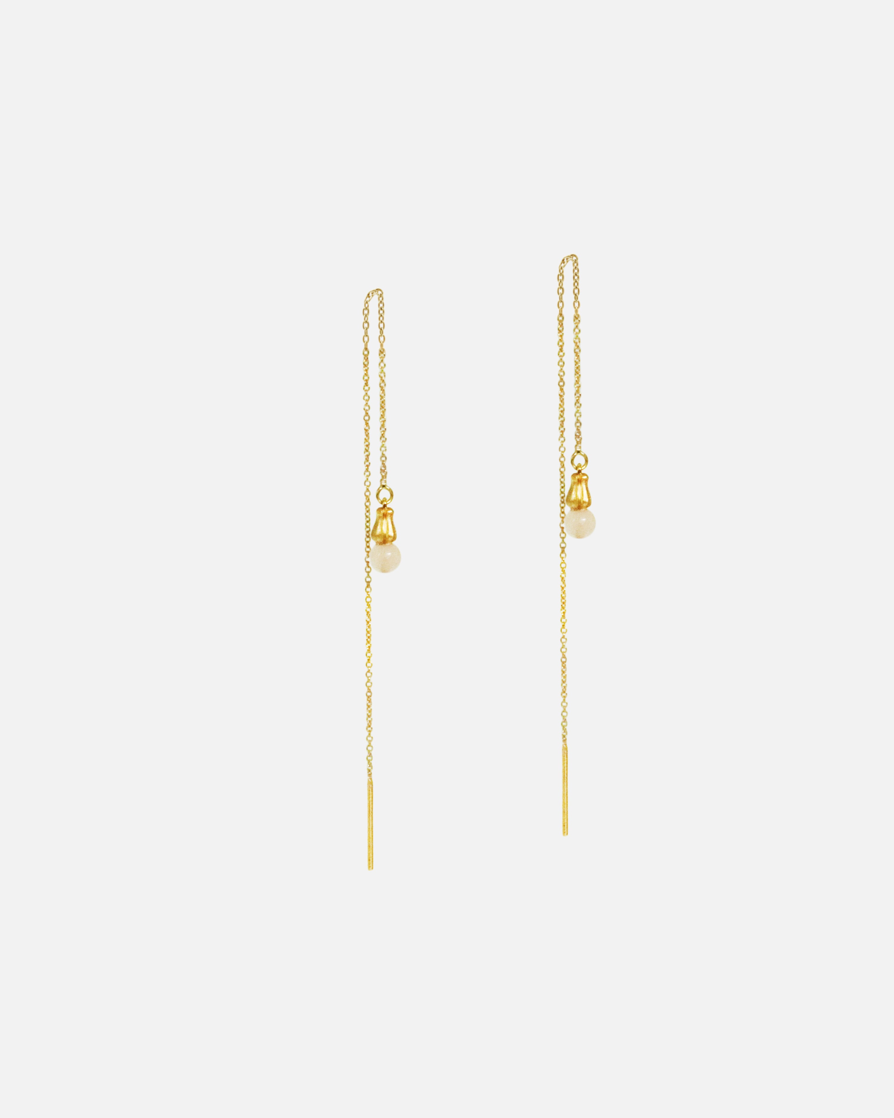 Angled side view of Little Mirror Bead Threader Earrings / Rose Quartz by O Channell Designs