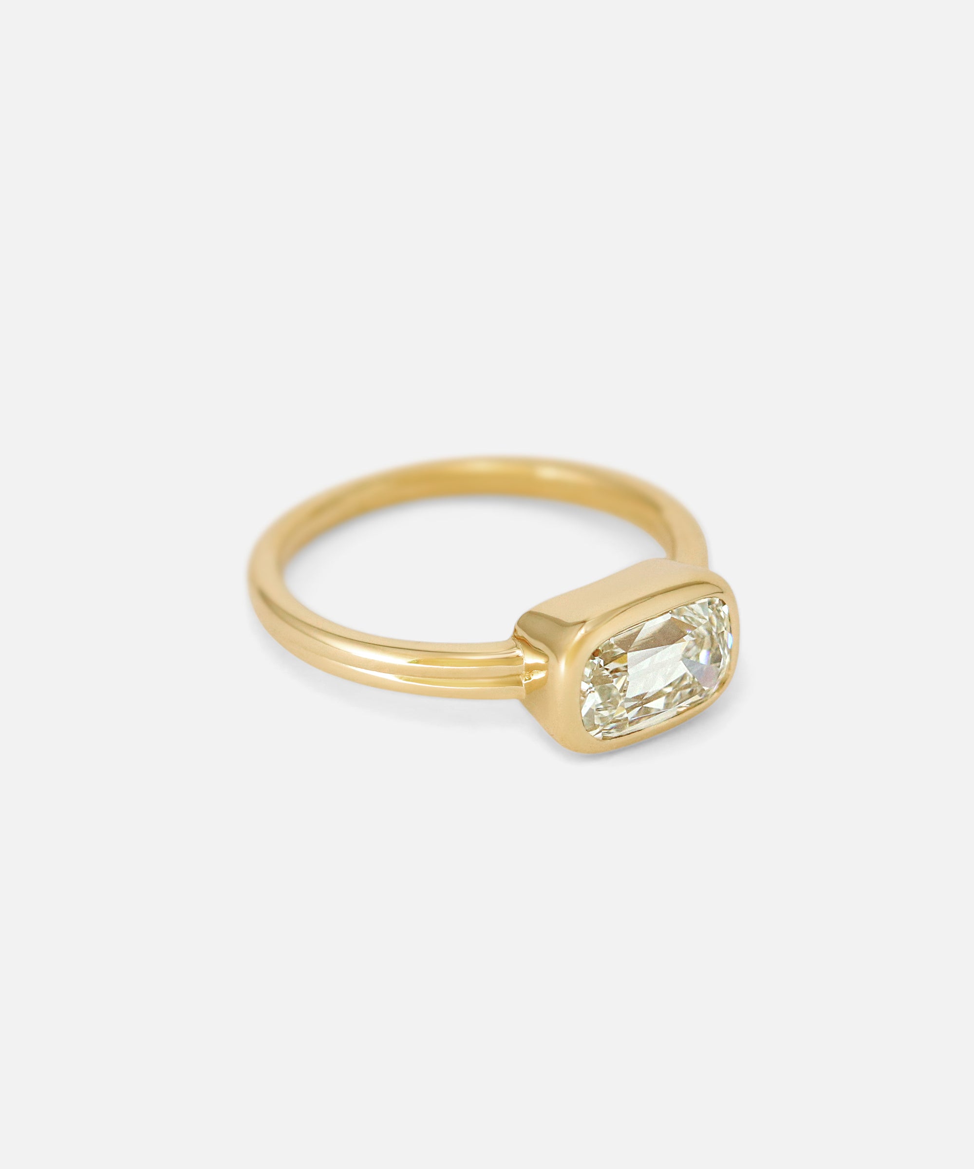 Angled side view of Lola / Cushion Old Mine Cut Diamond Ring by Casual Seance