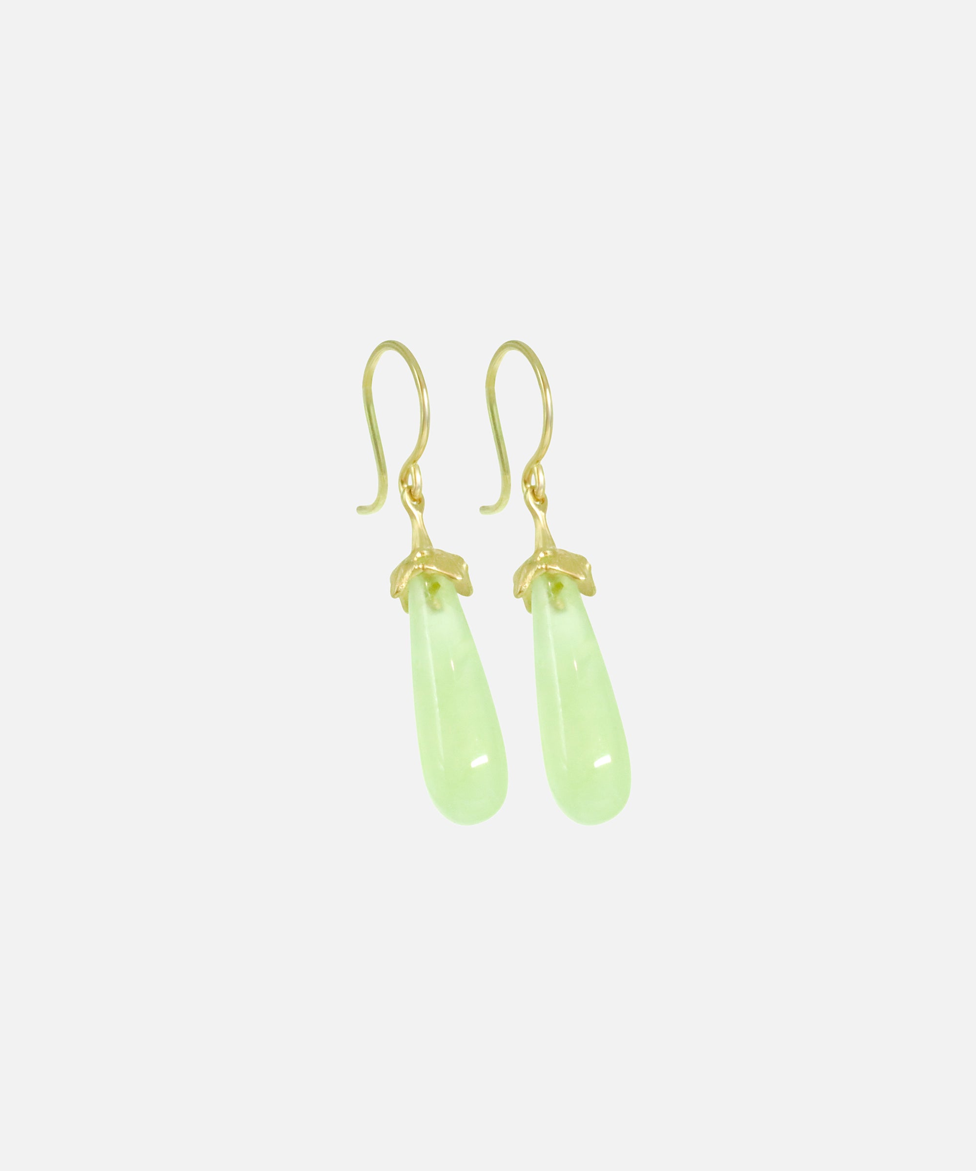 Angled side view of Little Mirror Bead Drops / Green Prehnite by O Channell Designs