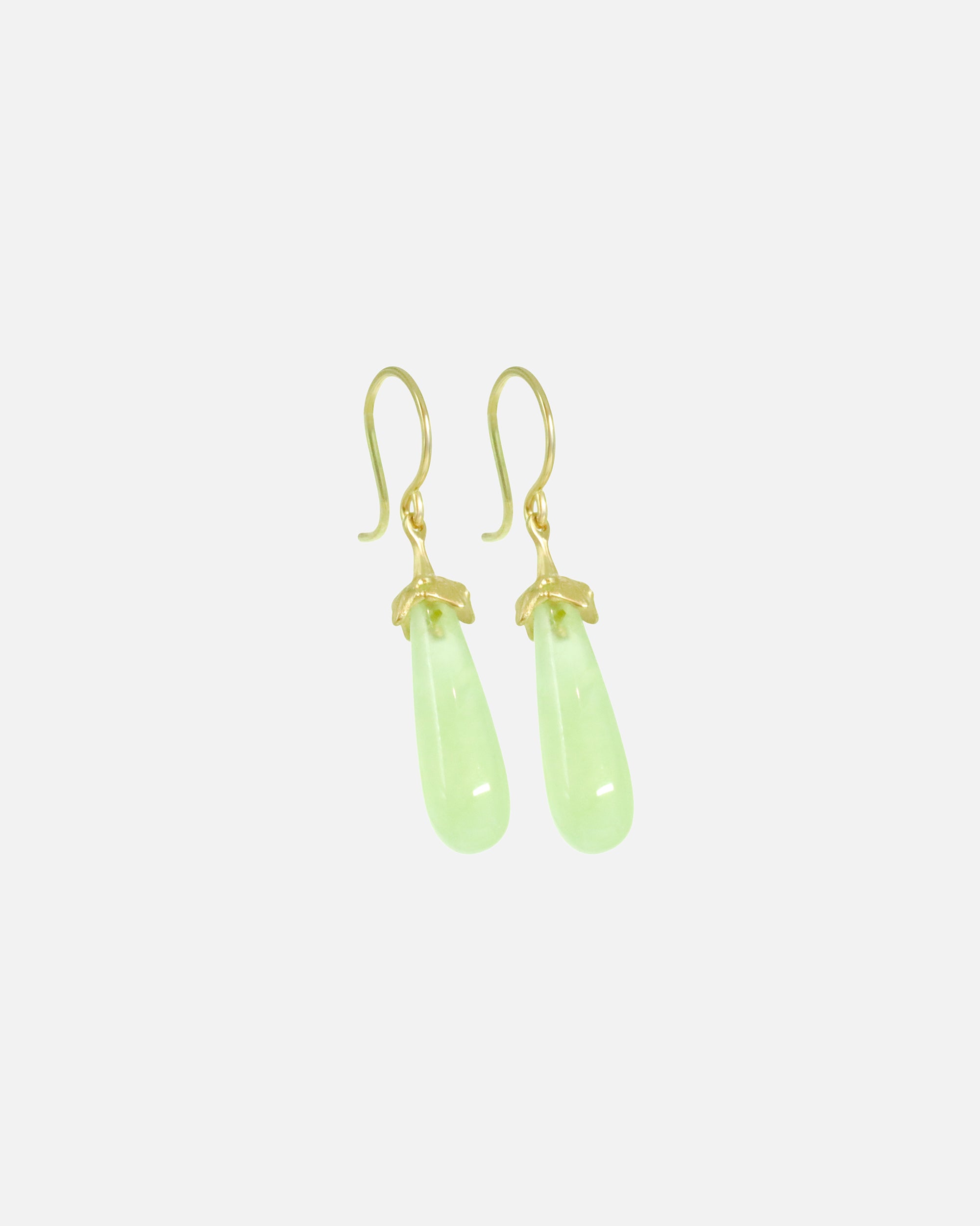 Angled side view of Little Mirror Bead Drops / Green Prehnite by O Channell Designs