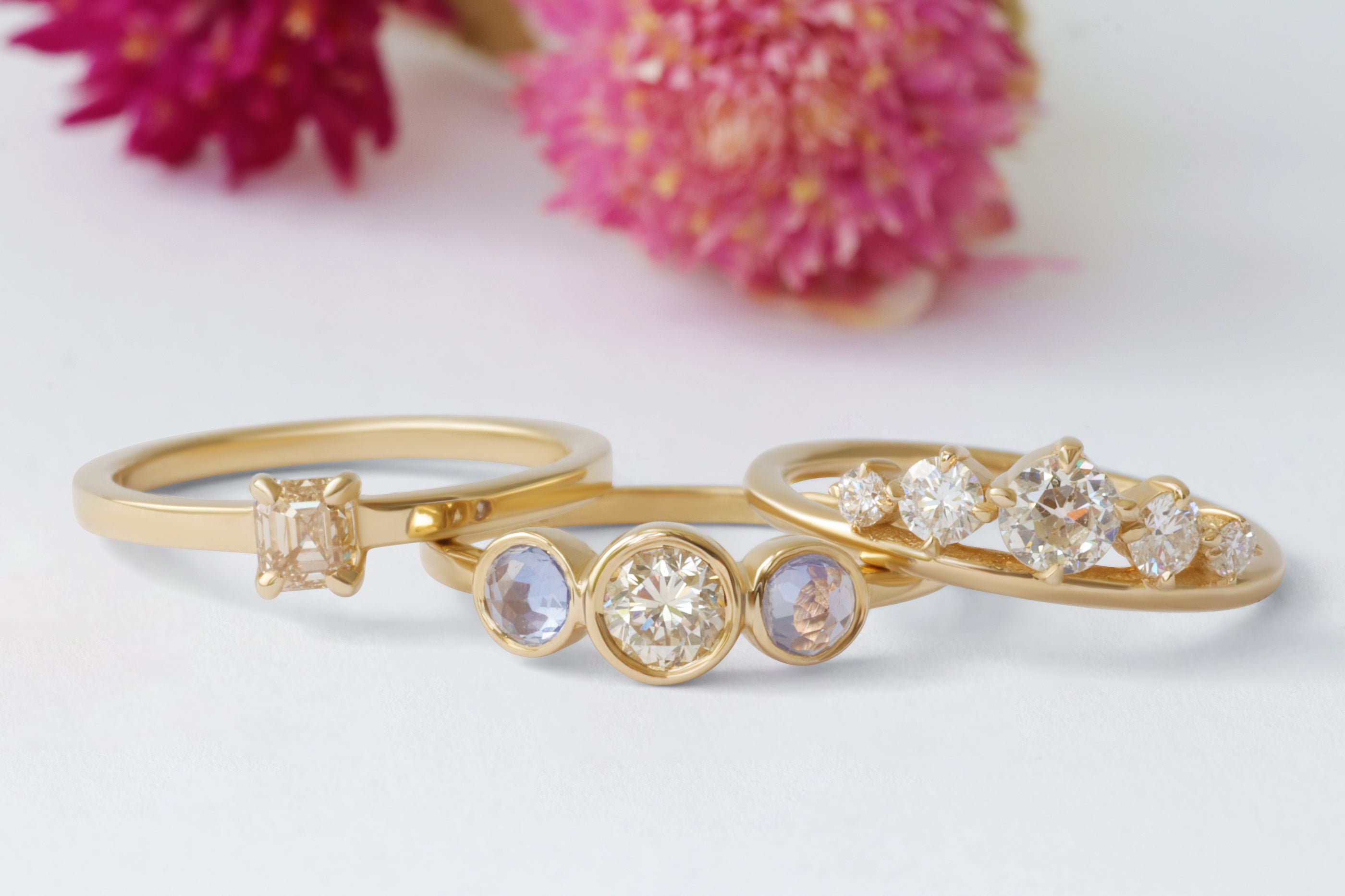 Diamond and Rose Cut Sapphire / 3 Stone Ring By Nishi