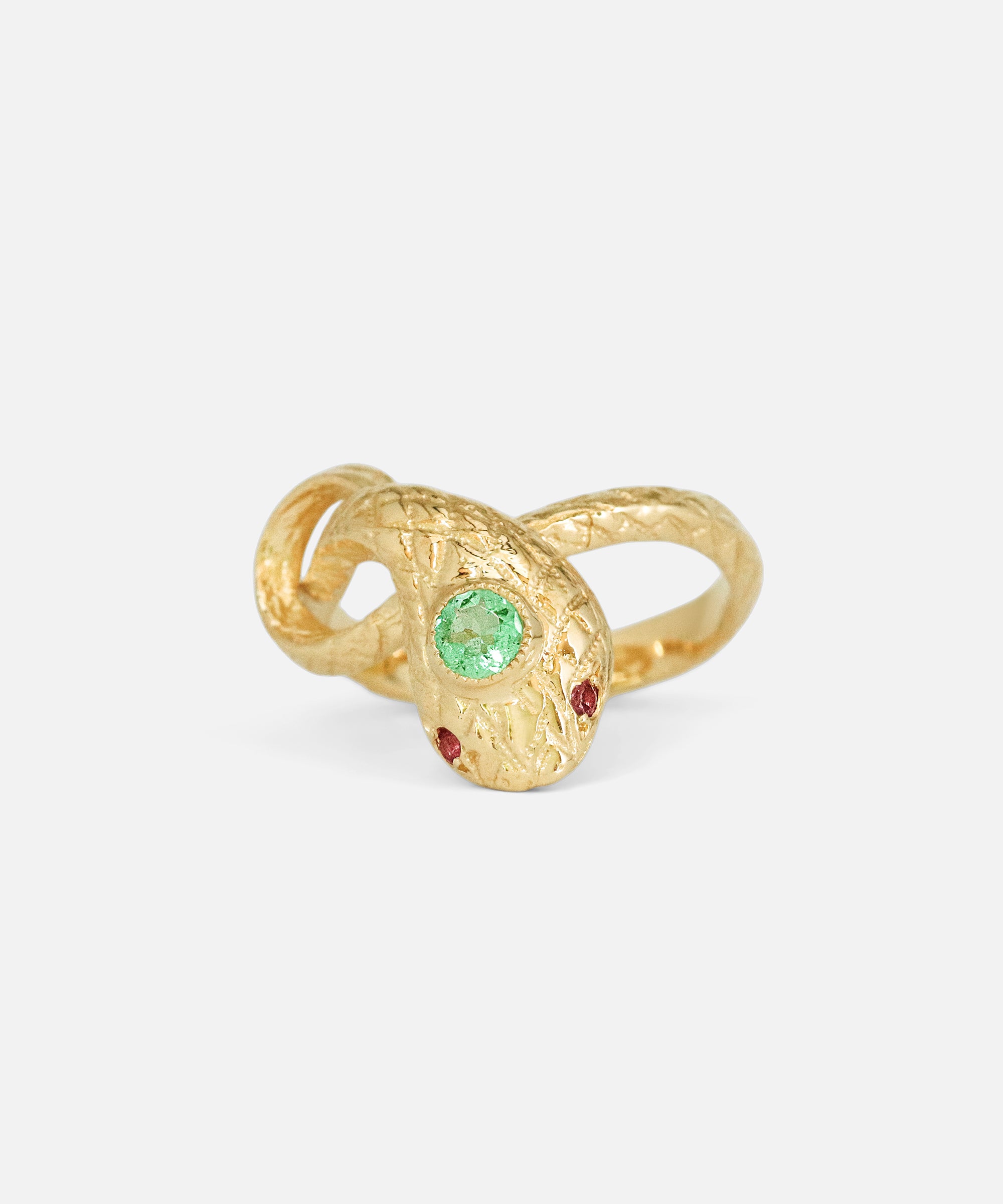 Front view of Ornata Ophidia Mini Stacking Ring / Green Emerald by Ides