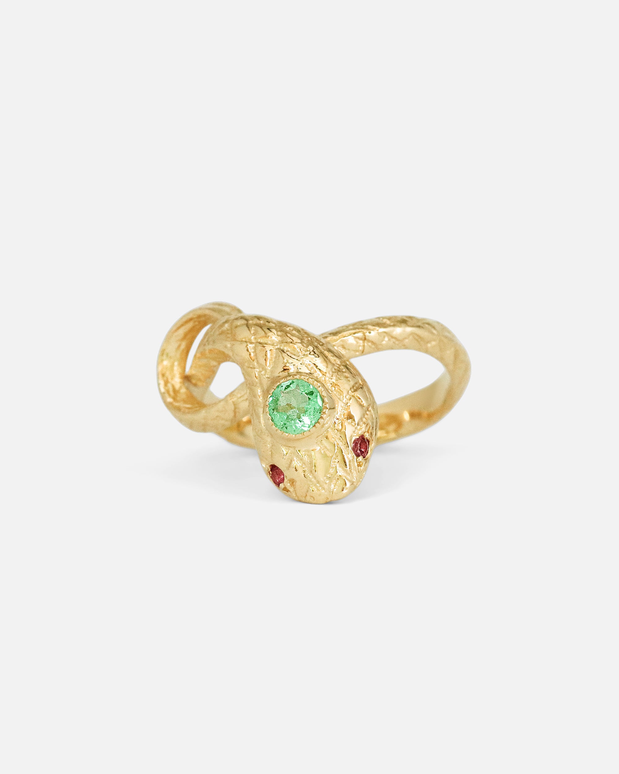 Front view of Ornata Ophidia Mini Stacking Ring / Green Emerald by Ides