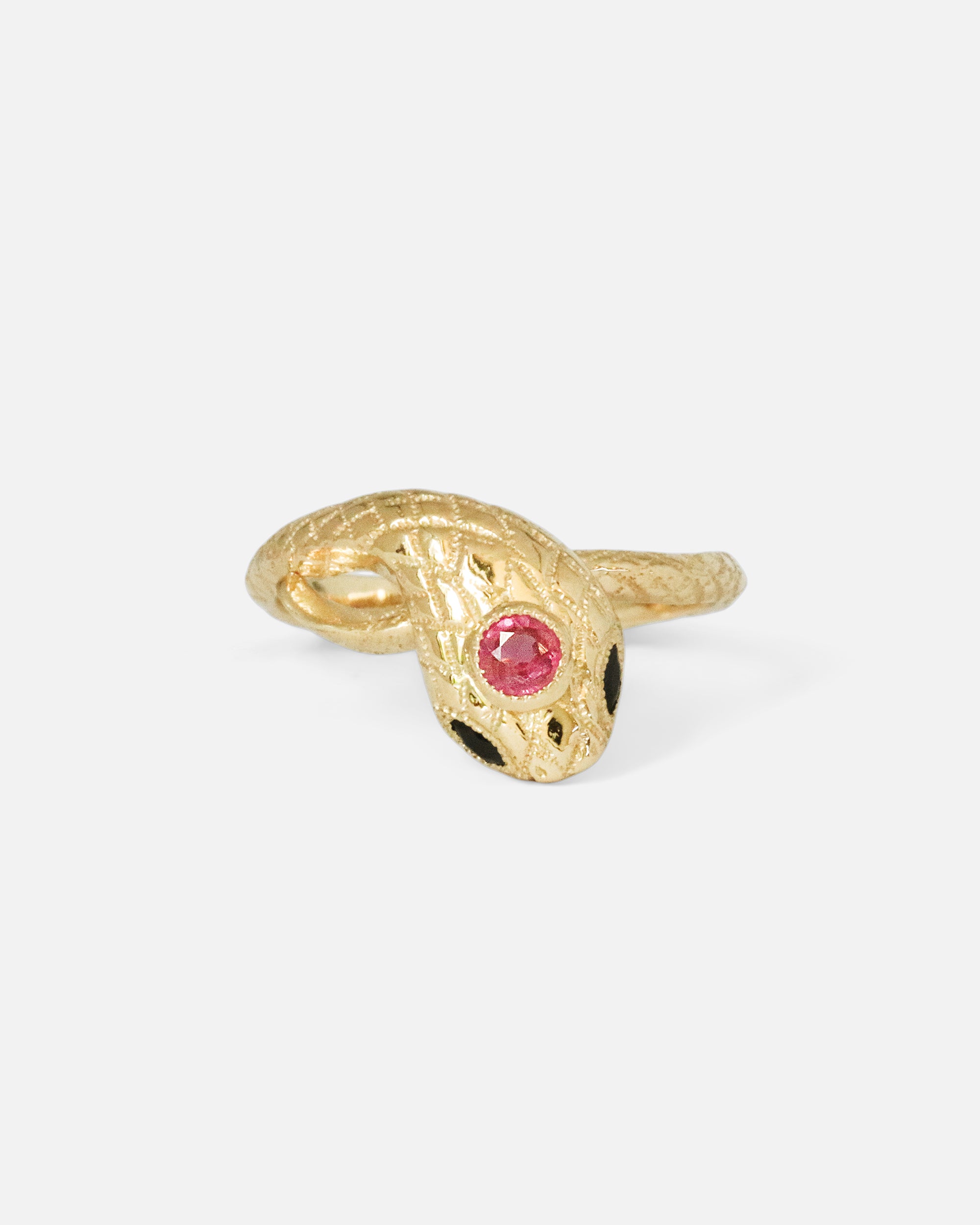 Front view of Ornata Ophidia Mini Stacking Ring / Pinky Ruby by Ides