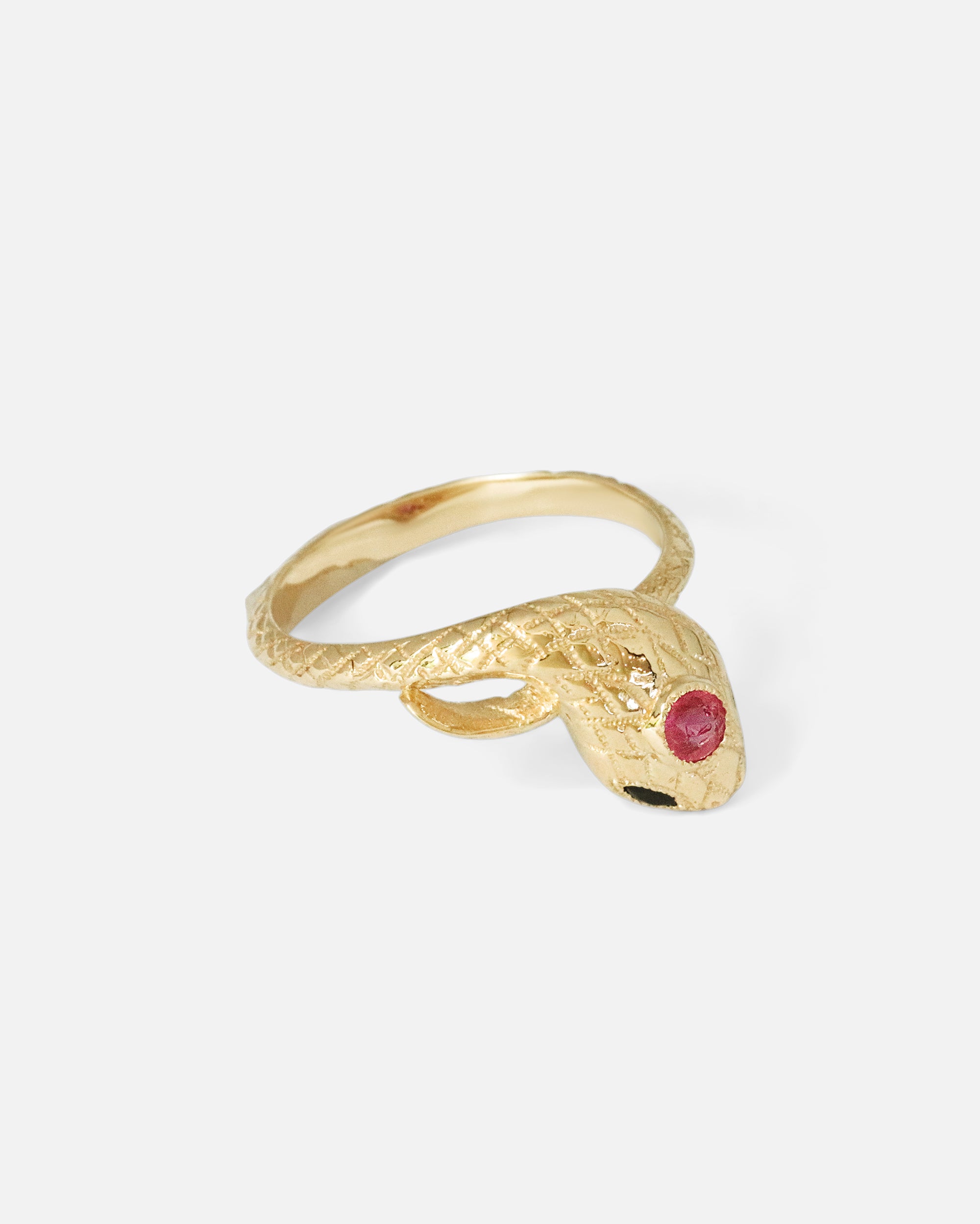 Side view of Ornata Ophidia Mini Stacking Ring / Pinky Ruby by Ides