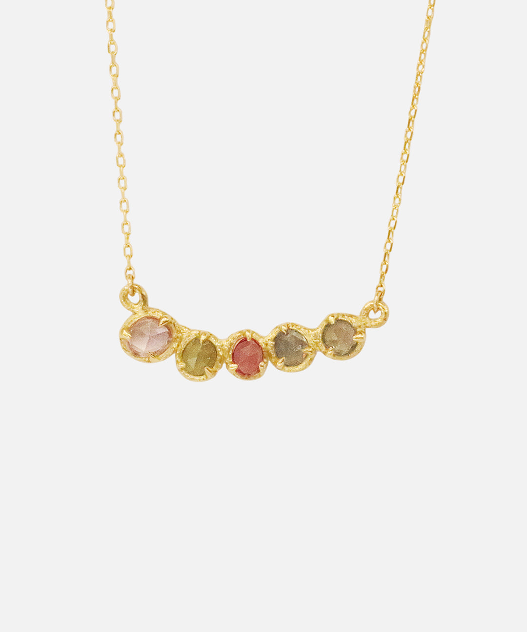 Front view of Silk 5 Stones / Multi Color Sapphire Necklace by Hiroyo Jewelry