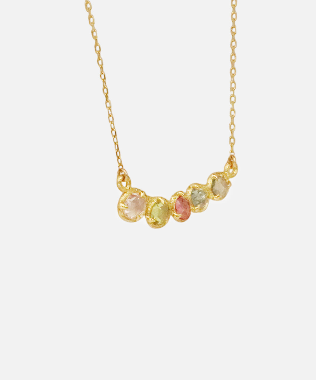 Side view of Silk 5 Stones / Multi Color Sapphire Necklace by Hiroyo Jewelry
