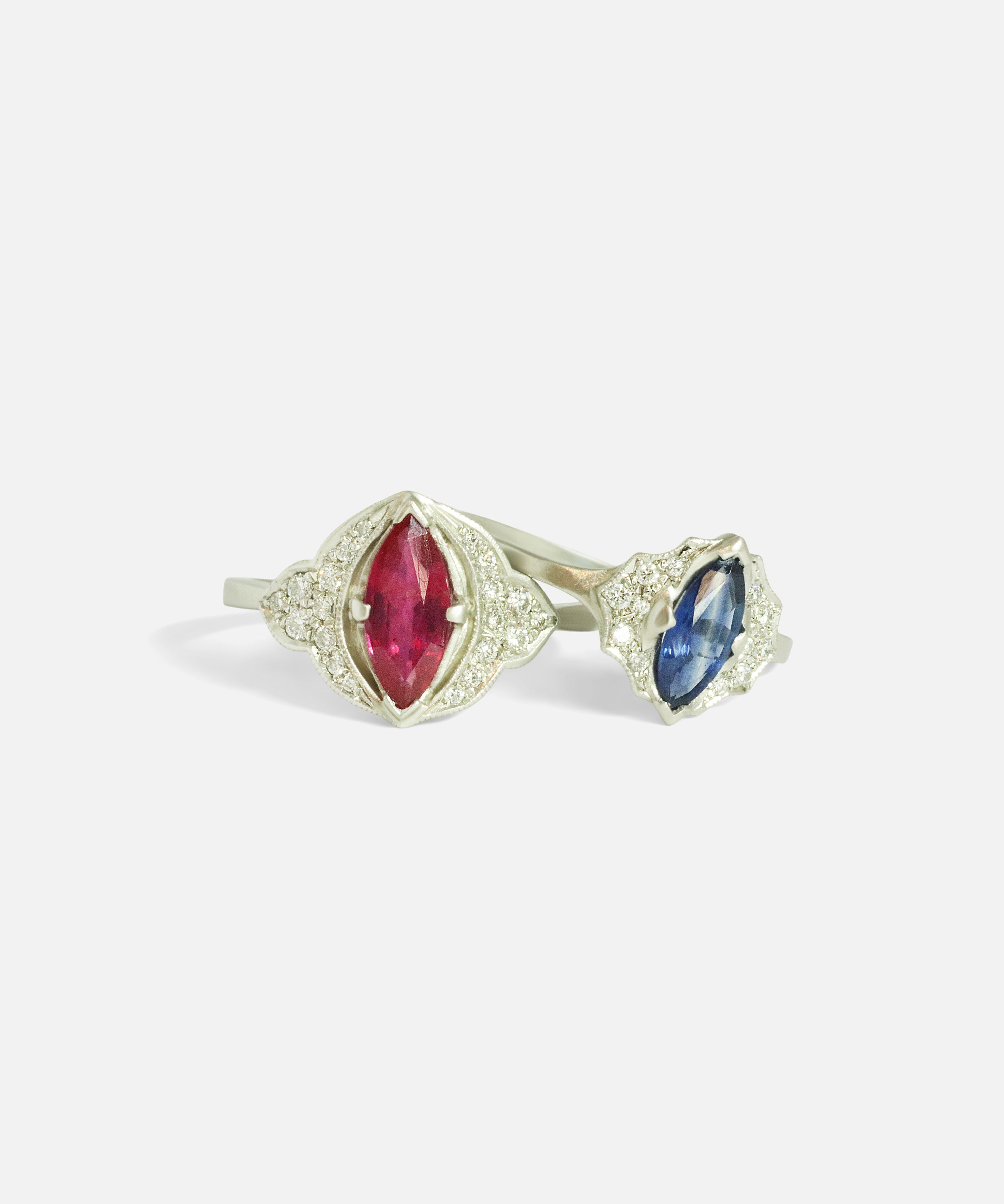 Front view with Zaida / Blue Sapphire Ring stacked on Aixa / Ruby Ring by Hiroyo