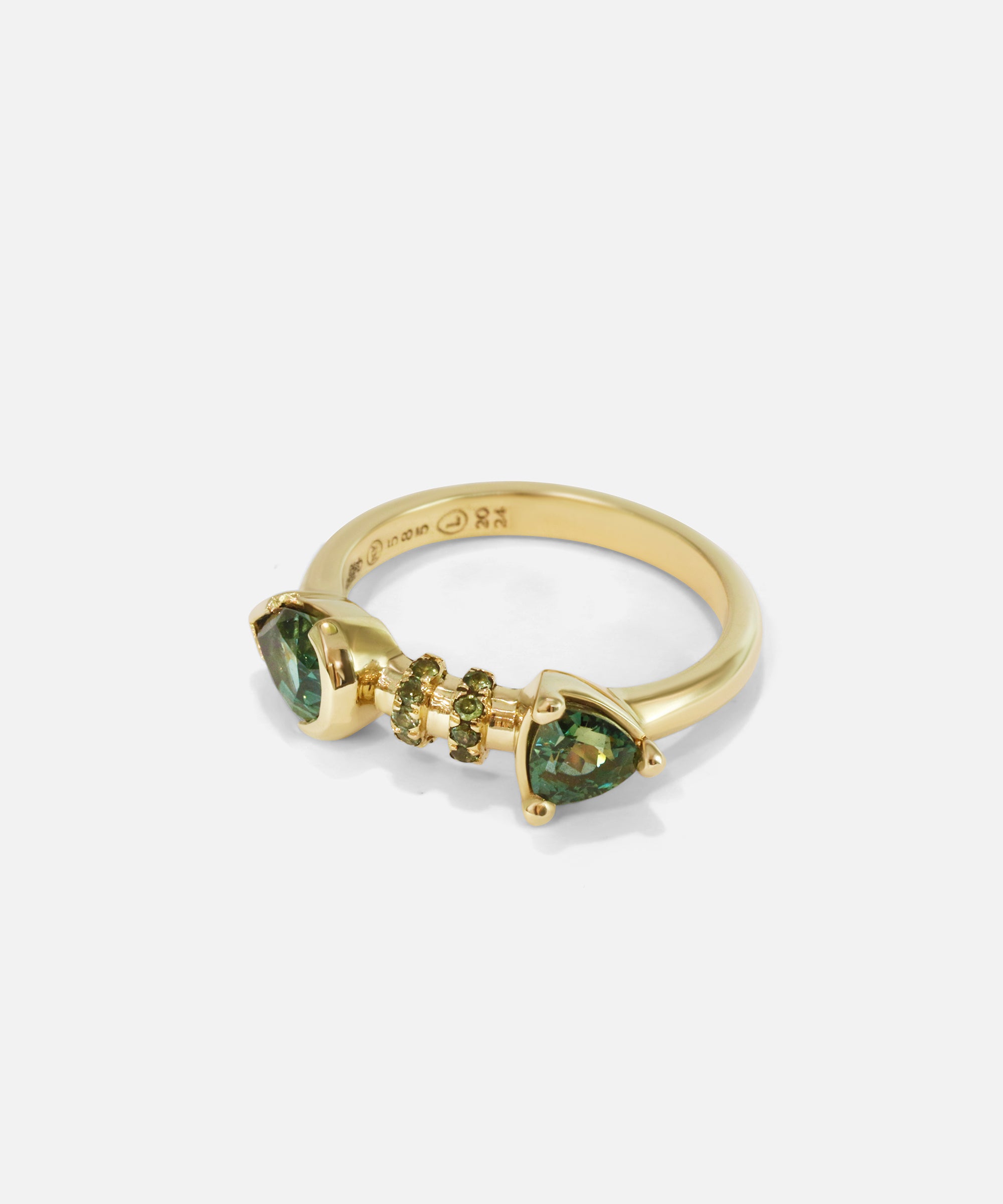 Alternate side view of Calabash Nebula Teal Sapphire Ring
