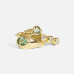 Stacked view of Belle Ring in 14k yellow gold, Easy Ring in 14k yellow gold, and Hunny Ring in 14k yellow gold by tmrw days 