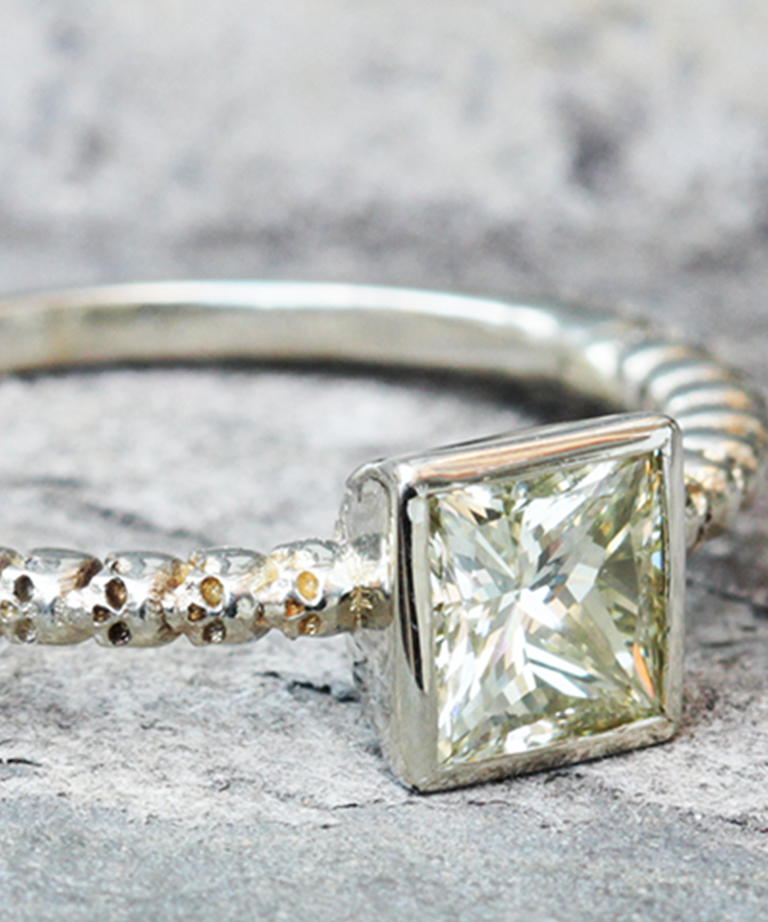 Lifestyle close up shot of Square Bezel Skull Shank / White Diamond