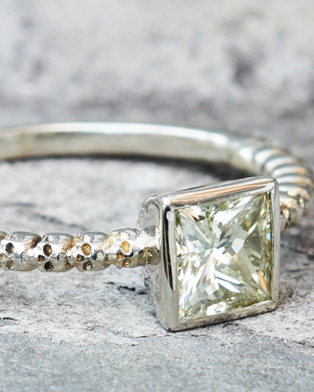 Lifestyle close up shot of Square Bezel Skull Shank / White Diamond