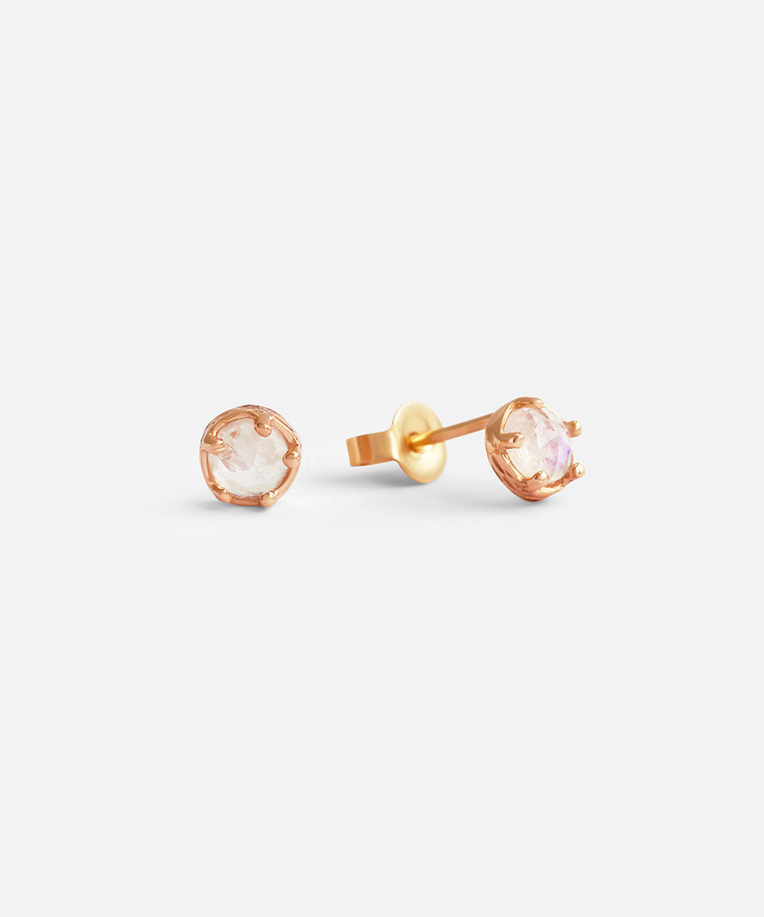 Front and side view of Moonstone / Rose Gold Studs by Ariko