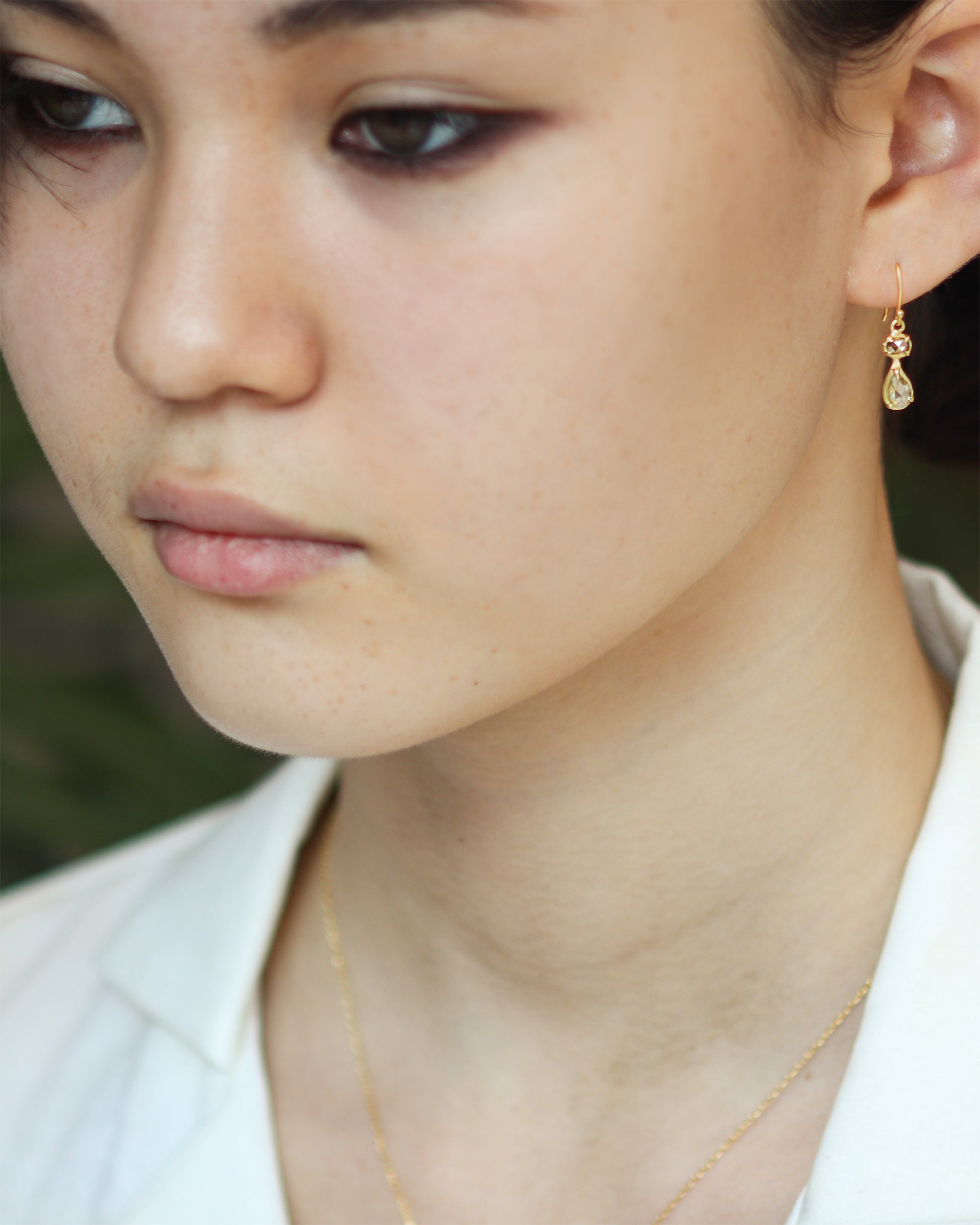 Silk / Cognac & Olive Diamond Drop Earrings By Hiroyo
