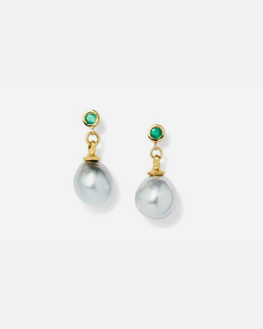 Umi / Emerald + South Sea Pearl Earrings By Hiroyo in earrings Category