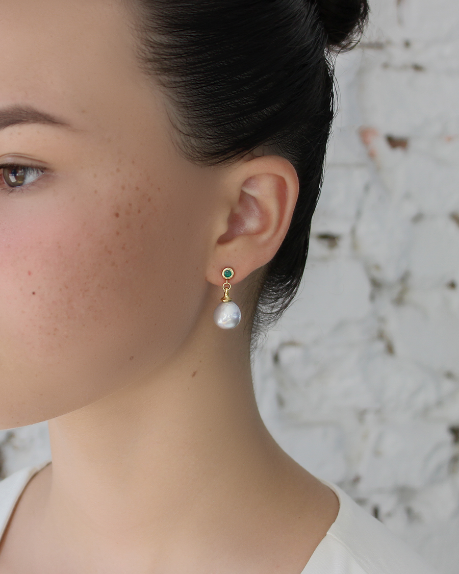Umi / Emerald + South Sea Pearl Earrings By Hiroyo in earrings Category